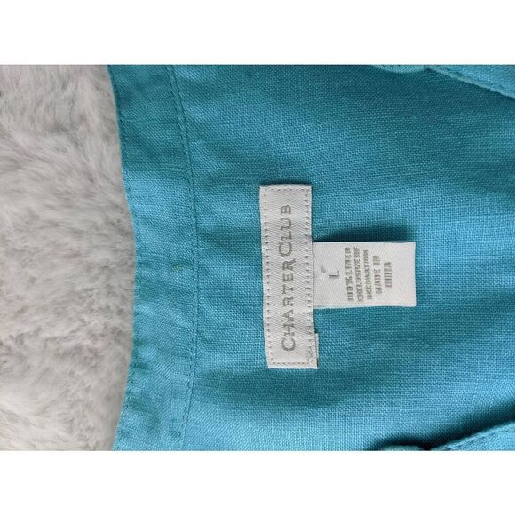 Charter Club Blue 100% Linen Button Up Roll Tab Blouse Sz L Large Pintuck Pleats - Picture 3 of 6